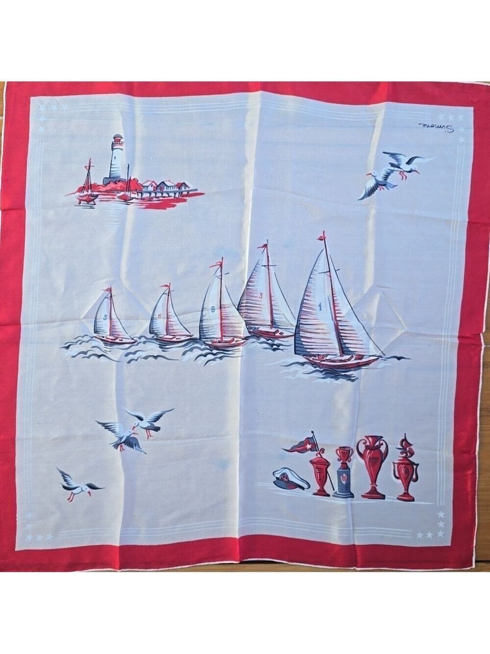 Simone Kimball Made In Japan 100% Silk Sailboat Scarf with Lighthouse & Seagulls